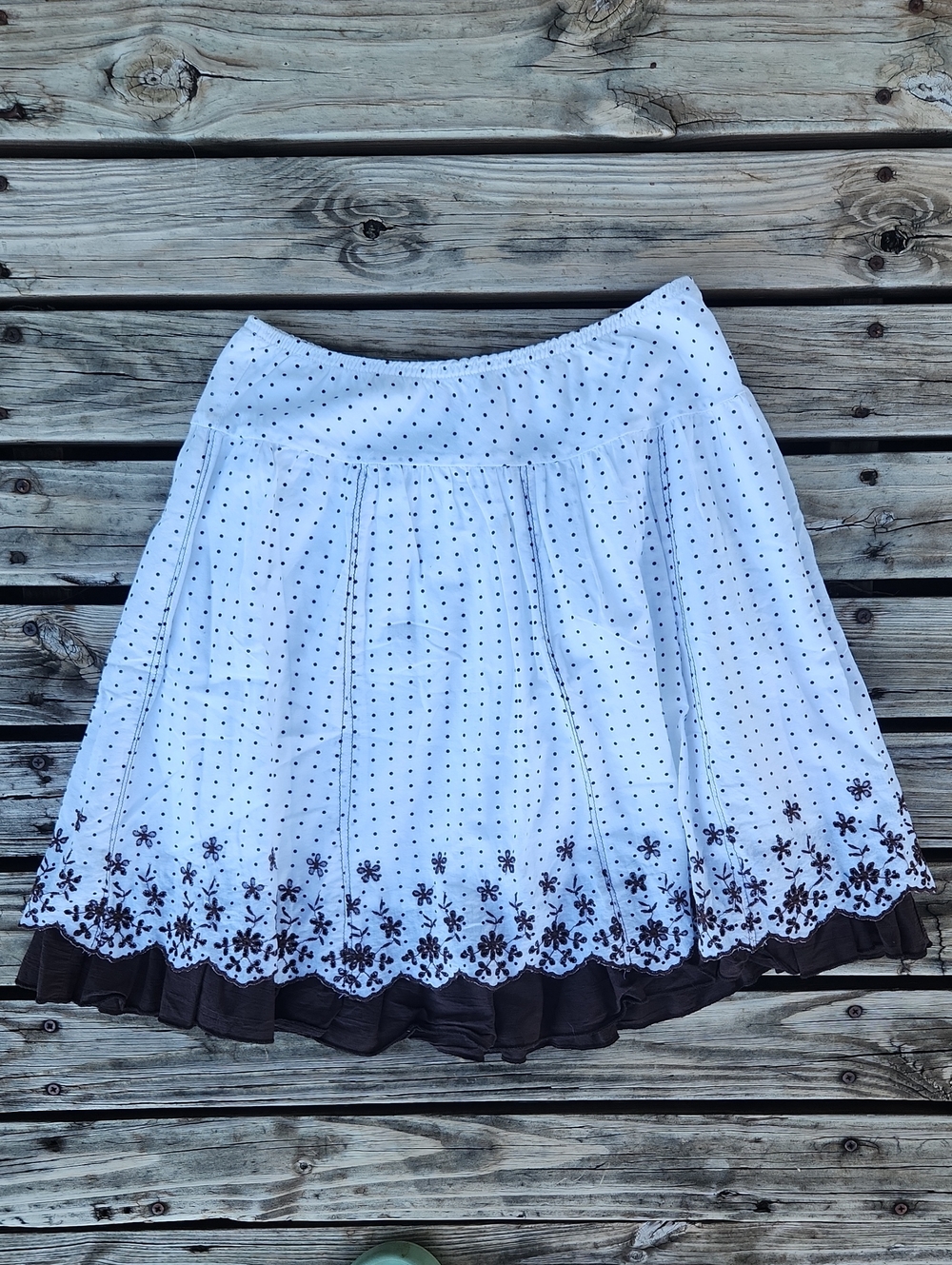 Cotton White Brown Polka Dot Floral Embroidered Eyelet Skirt Flowy Small Vintage